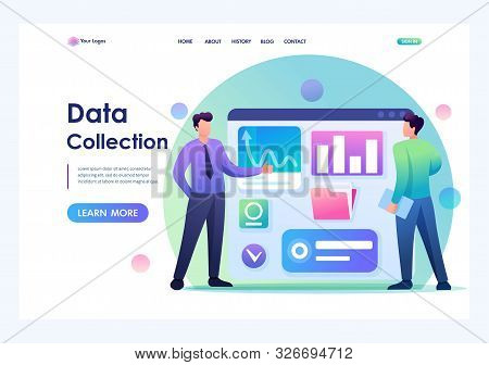 Young Businessmen Collect Data On The Internet. Concept Of Data Collection. Flat 2d Character. Landi