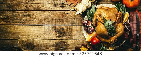 Selection Of Traditional Thanksgiving Food - Turkey, Mashed Patatoes, Green Beans, Apple Pie On Rust