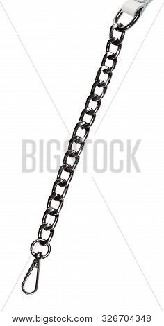 Black Chain With Carabiner On The End Of Leather Belt Isolated On White Background