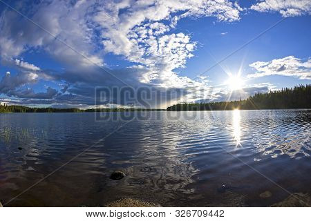 Beautiful Clouds Over The Reach On The River Keret. Karelia, Russia, End Of June.
