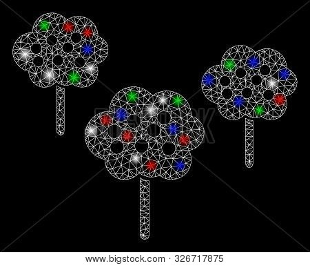 Bright Mesh Tree Garden With Glare Effect. White Wire Frame Triangular Mesh In Vector Format On A Bl