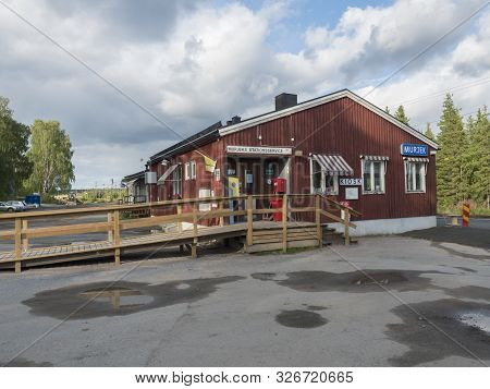 Murjek, Norrbotten, Sweden, Agust 22, 2019: Old Red Bulding Of Train Station At Murjek In, Swedish L