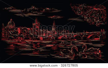 Vector Hand Drawing Illustration Cityscape Of Charles Bridge And Swans In Vltava River In Prague. La