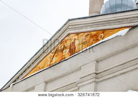 Troitskoe, Russia - August 2017: The Church Of The Trinity Of The Life-giving, Antique Fresco On The