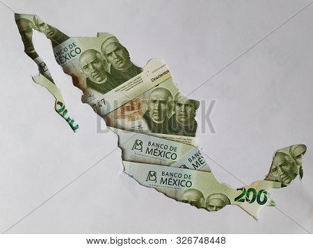 Mexico Map Formed With Mexican Banknote Of 200 Pesos