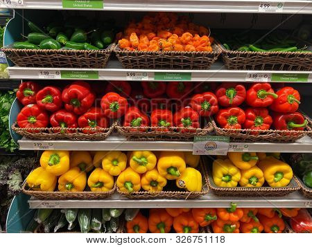 Orlando,fl/usa -10/8/19:  The Fresh Produce Aisle Of A Grocery Store With Colorful Fresh Fruits And 