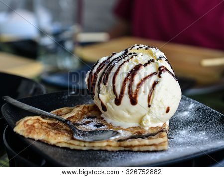 Vanilla Ice Cream For Dessert At Luxury Restaurant In Amsterdam, Holland.