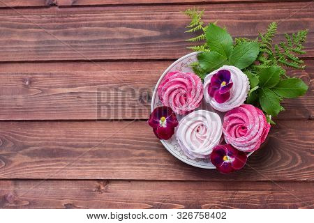 Colorful Zephyr On Wooden Background.set Of Homemade White And Pink Zephyr Or Marshmallow On Wooden 