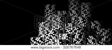 Stack Of Poker Chips Isolated On Black Background. Poker Game Concept. Playing A Game With Dice. Cas