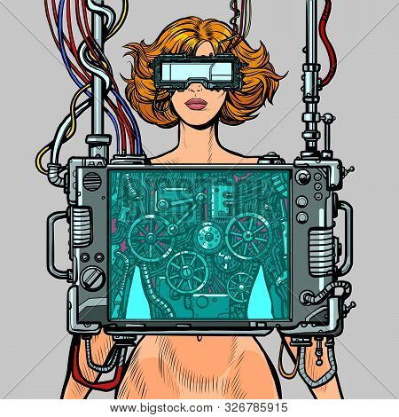 Cyberpunk Female Robot Wearing Virtual Reality Glasses. Pop Art Retro Vector Illustration Drawing Vi