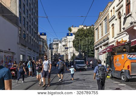 Istanbul, Turkey - July 26, 2019: Walking People At The Pedestrian Street Near Taksim Square At The 