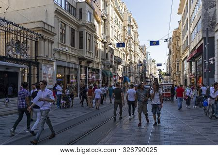 Istanbul, Turkey - July 26, 2019: Walking People At The Pedestrian Street Near Taksim Square At The 
