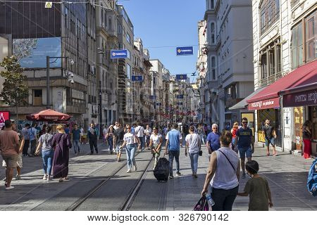 Istanbul, Turkey - July 26, 2019: Walking People At The Pedestrian Street Near Taksim Square At The 