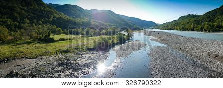 Panarama of mountain river valley