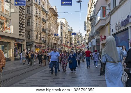 Istanbul, Turkey - July 26, 2019: Walking People At The Pedestrian Street Near Taksim Square At The 