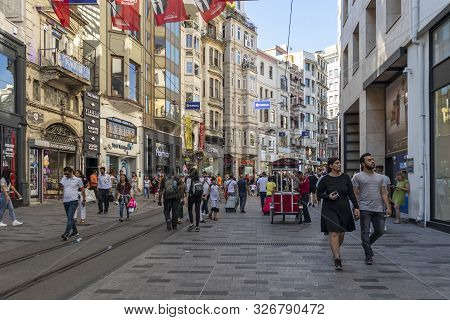 Istanbul, Turkey - July 26, 2019: Walking People At The Pedestrian Street Near Taksim Square At The 