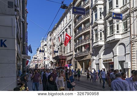 Istanbul, Turkey - July 26, 2019: Walking People At The Pedestrian Street Near Taksim Square At The 