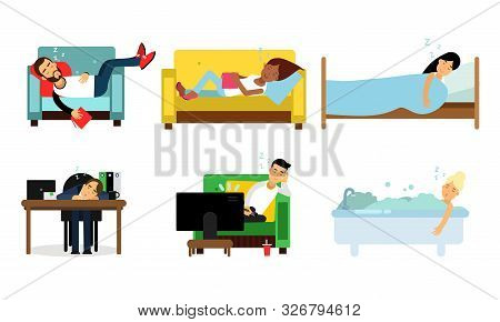 People Sleeping In Different Places. On The Beds, In The Bathroom, At The Working Desk, In The Armch