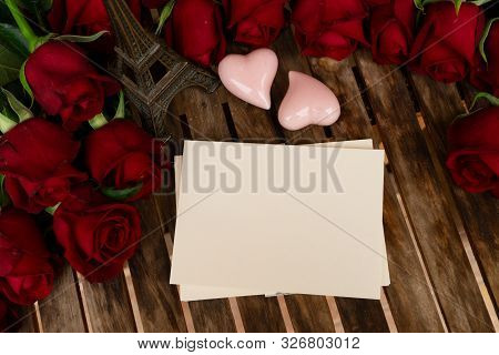Valentines Day Date Invitation With Roses And Hearts, Copy Space On Vintage Paper Card
