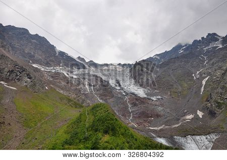 View Of The Skazka Glacier, Which Is Located In The Tsey Gorge In The North Caucasus.north Ossetia A