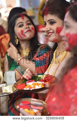 Kolkata, India - 8th October 2019; Women Participate In Sindur Khela At A Puja Pandal On The Last Da