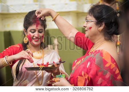 Kolkata, India - 8th October 2019; Women Participate In Sindur Khela At A Puja Pandal On The Last Da