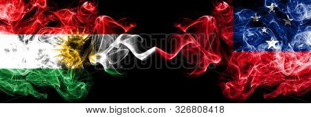 Kurdistan Vs Samoa, Samoan Smoke Flags Placed Side By Side. Thick Colored Silky Smoke Flags Of Kurds