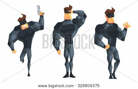 Secret Agent In Black Suir In Different Actions Set Vector Illustration