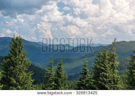 Summer Landscape In The Carpathian Mountains. View From The Mountain Peak Hoverla. Ukrainian Mountai