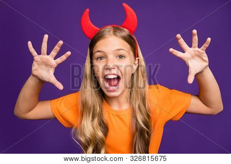 Boo. Photo Of Little Lady Headband Horns Head Frightening Facial Expression Helloween Party Showing 