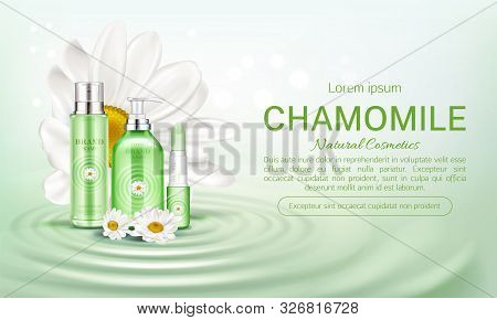 Chamomile Cosmetics Bottles Mock Up Banner. Natural Beauty Product Spray And Pump Cosmetic Packages 