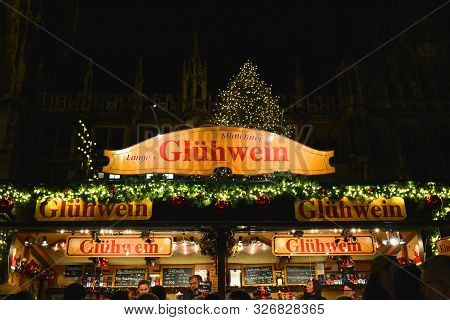 Munich, Germany - November 28, 2017 : Traditional Christmas Market On Marienplatz In Munich By Night
