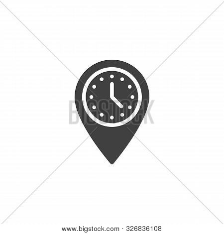 Meeting Point Vector Icon. Map Marker With Clock Filled Flat Sign For Mobile Concept And Web Design.