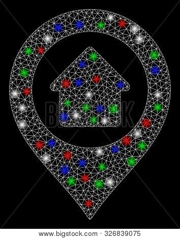 Bright Mesh Home Marker With Lightspot Effect. White Wire Frame Triangular Mesh In Vector Format On 