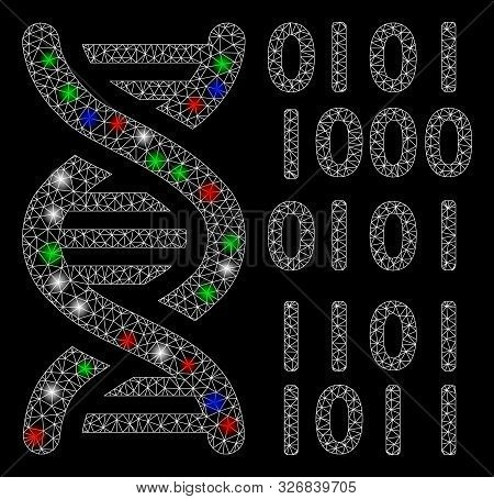 Bright Mesh Dna Binary Code With Glare Effect. White Wire Carcass Triangular Mesh In Vector Format O