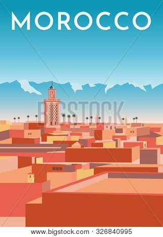 Morocco Travel Retro Poster, Vintage Banner. Panorama Of Marrakech City With Red Houses, Mosque, Blu
