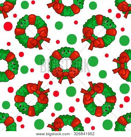 Christmas Seamless Pattern With Floral Firry Green Wreath, Bow And Polka Dot Background, Endless Tex
