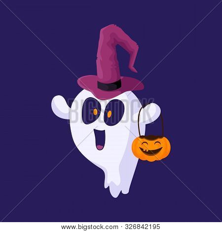Cute Card, Poster - Halloween Ghost In Wizards Hat With Happy Face, Pumpkin Lantern. Isolated Colore
