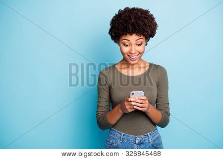 Portrait Of Amazed Funky  Girl Use Her Smartphone Read Feednews Got Like From Favorite Blogger Feedb