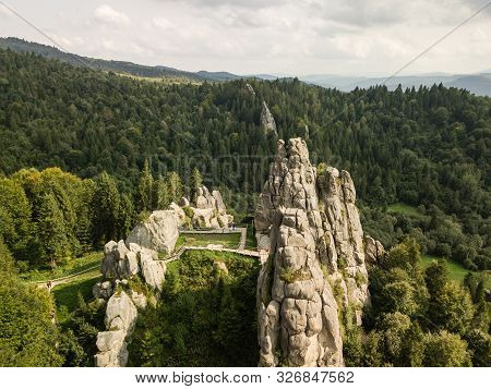 Aerial View To Tustan Fortress - Archeological And Natural Monument Of National Significance In Uryc