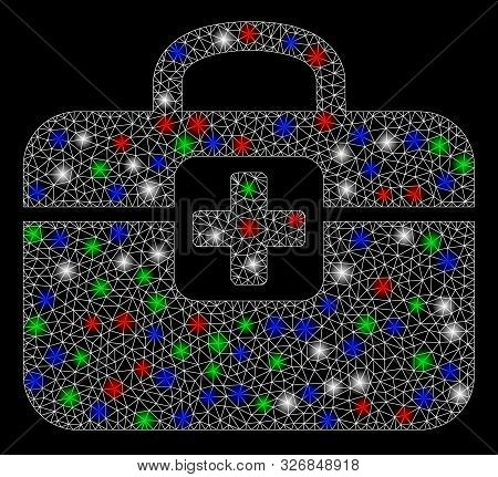 Bright Mesh Medkit With Glow Effect. White Wire Carcass Polygonal Mesh In Vector Format On A Black B