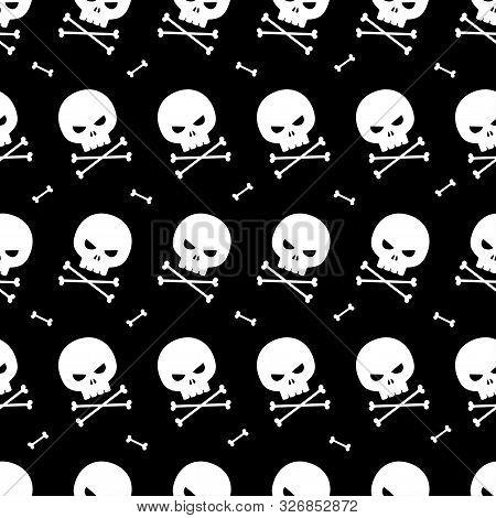 White Skulls And Bones Pattern On Black Background