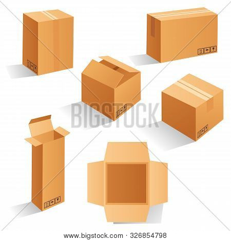 Set Of Blank Brown Cardboard Packaging Boxes. Can Be Use For Medicine, Food, Cosmetic And Other. Rea