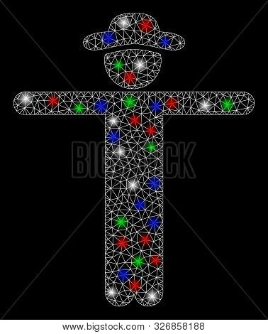 Bright Mesh Gentleman Scarescrow With Glow Effect. White Wire Frame Polygonal Mesh In Vector Format 