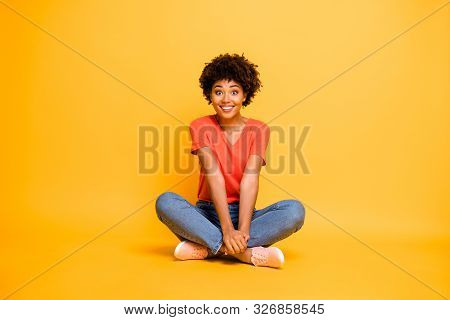 Full Length Body Size Photo Of Curly Cheerful Funny Cute Sweet Nice Pretty African Woman Sitting On 
