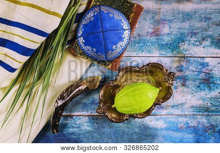 Jewish Ritual Festival Of Sukkot In The Jewish Religious Symbol Etrog, Lulav, Hadas Arava Kippah And