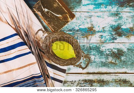 Religious Jews Choose Etrog Fruit Of Praying Book Traditional Fair Of Ritual Plants On The Eve Of Su