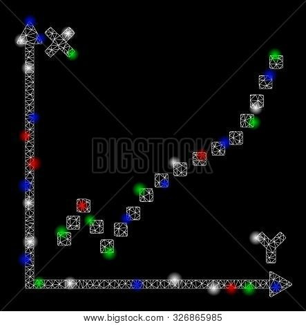 Bright Mesh Function Plot With Glare Effect. White Wire Frame Polygonal Mesh In Vector Format On A B