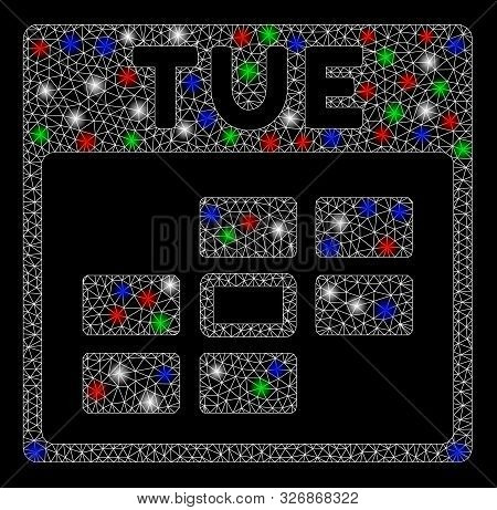 Bright Mesh Tuesday Calendar Grid With Lightspot Effect. White Wire Carcass Polygonal Mesh In Vector