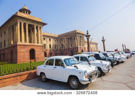New Delhi , India - Nov 17, 2011: Official Hindustan Ambassador Cars Park Outside North Block, Secre